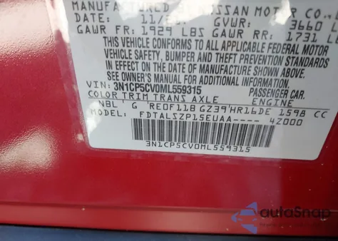 2021 Nissan Kicks Sv Xtronic Cvt from USA, damaged, VIN 3N1CP5CV0ML559315